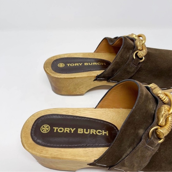 Tory Burch Womens 8 Brown Jessa Suede Horse Bit Clogs Cold Brew Leather Platform - Picture 5 of 9